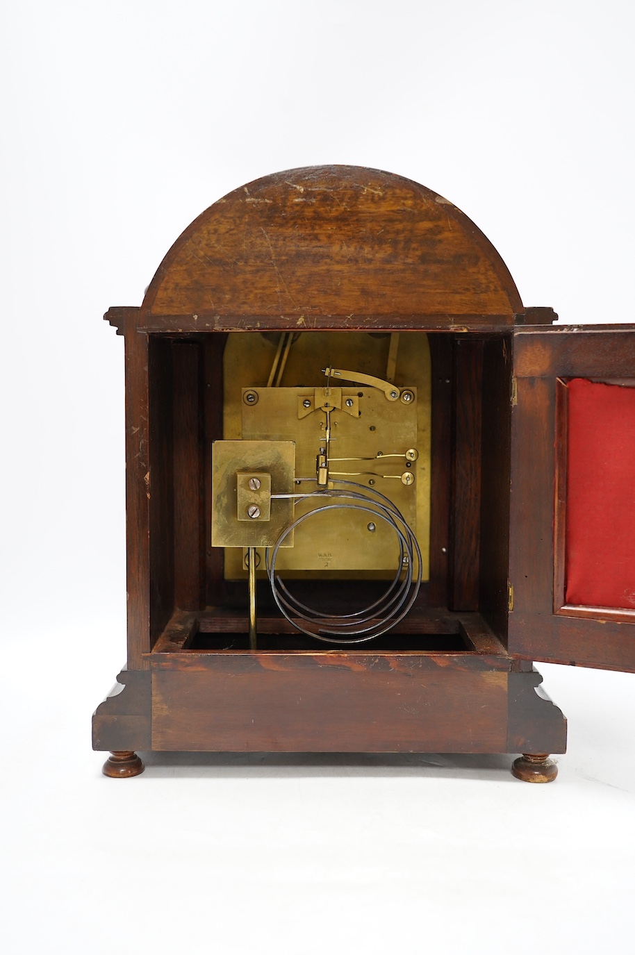 A W&H Sch. mahogany mantel clock striking on two coiled gongs, dial signed T. Braybrook Dorchester, 36cm. Condition - good, not tested as working
